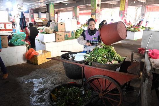 保潔員謝月金在廣西橫縣柳明菜市場將收集的垃圾分類投放到垃圾桶里(4月12日攝)。新華社記者 周華 攝