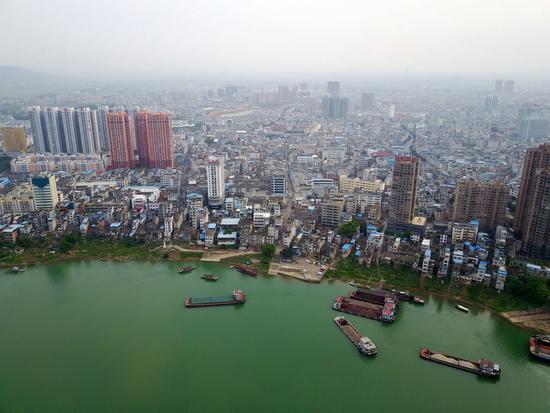 記者航拍的廣西橫縣縣城所在地橫州鎮(4月13日攝)。 新華社記者 周華 攝